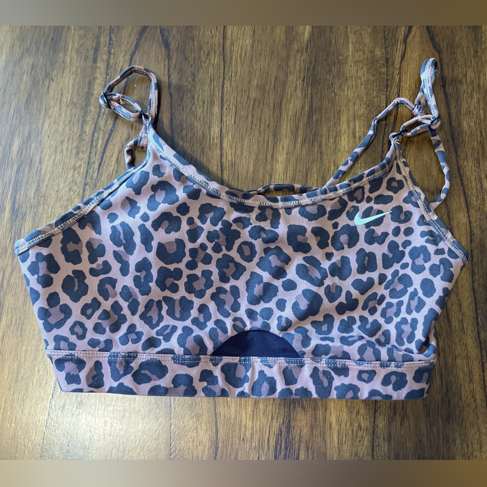Nike Dri-Fit Cheetah Print Sports Bra w/ Adjustable Cross Straps, Mesh Cutouts